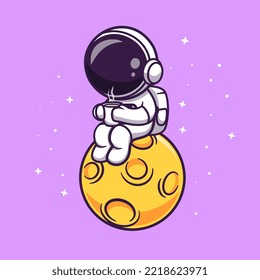 Cute Astronaut Drinking Coffee On Moon Cartoon Vector Icon Illustration. Science Drink Icon Concept Isolated Premium Vector. Flat Cartoon Style