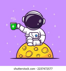 Cute Astronauten trinken Kaffee auf dem Mond in Space Cartoon Vektorsymbol Illustration. Science Drink Icon Konzept isoliert Premium Vektorgrafik. Flachbildkartonstil