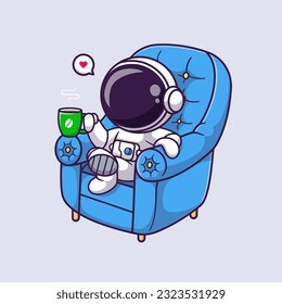 Cute Astronauten trinken Kaffee auf Sofa Cartoon Vektorsymbol Illustration. Science Drink Icon Konzept isoliert Premium Vektorgrafik. Flachbildkartonstil