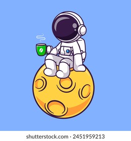 Cute Astronaut Drinking Coffee On Moon Cartoon Vector Icon Illustration. Science Drink Icon Concept Isolated Premium Vector. Flat Cartoon Style