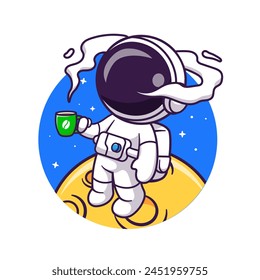 Netter Astronaut trinkt Kaffee auf Mond Logo Cartoon Vektorgrafik Icon Illustration. Wissenschaft Drink Icon Concept Isolated Premium Vektorgrafik. Flacher Zeichentrickstil