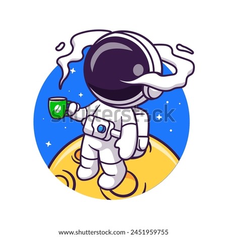 Cute Astronaut Drinking Coffee On Moon Logo Cartoon Vector Icon Illustration. Science Drink Icon Concept Isolated Premium Vector. Flat Cartoon Style