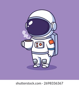 Netter Astronaut trinkt Kaffee im Weltraum - skurrile Vektorgrafik mit violettem Hintergrund