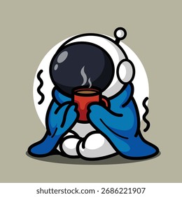 Ilustración linda del café de beber del astronauta debajo de la manta para el carácter de la historieta del espacio y el concepto de la relajación