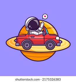 Cute Astronaut Driving Car On Saturn Planet Cartoon Vector Icon Illustration. Science Transportation Icon Concept Isolated Premium Vector. Flat Cartoon Style