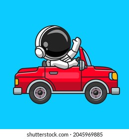 Cute Astronaut Driving Car And Waving Hand Cartoon Vector Icon Illustration Science Transportation Icon Concept Isolated Premium Vector. Flat Cartoon Style