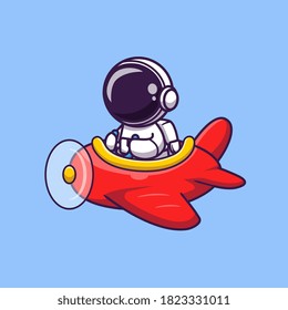 Cute Astronaut Driving Plane Cartoon Vector Icon Illustration. Science Transportation Icon Concept Isolated Premium Vector. Flat Cartoon Style
