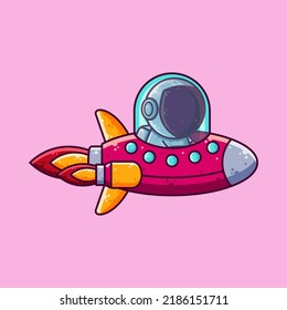 Ilustración del vector de dibujos animados de un barco con cohetes de conducción de astronauta. Icono de estilo de caricatura o vector de caracteres de mascota.