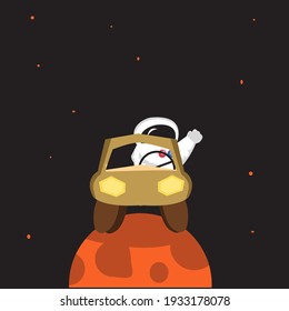 Cute astronaut driving a space car above red planet give a wave hands in space background with stars. For space, car, astronaut, planet content. Flat cartoon flat mascot flat character