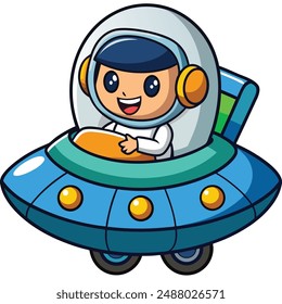 Cute Astronaut Driving Spaceship UFO Cartoon Vector Icon