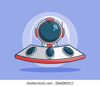 Cute astronaut driving ufo cartoon illustration