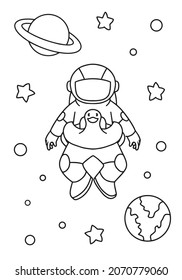Cute astronaut with duck balloon coloring book illustration vector the Concept of Isolated Technology. Flat Cartoon Style Suitable for Banners, Flyers, Stickers