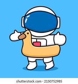 Cute astronaut with duck swimming tires cartoon design