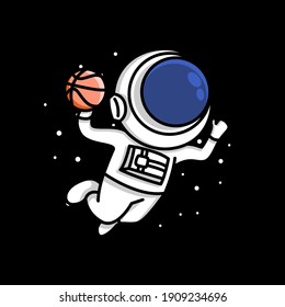 Cute astronaut dunking basketball cartoon illustration