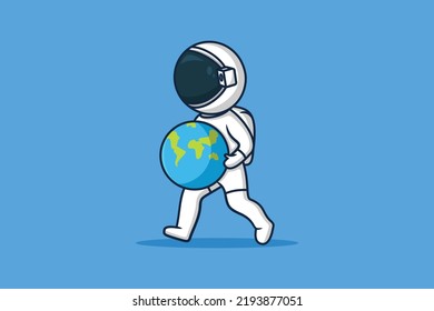 Cute Astronaut mit Erdball, Vektorgrafik. Design-Konzept für Wissenschaft und Technologie