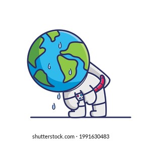 Cute Astronaut with earth head feel hot because of global warming, he look so tired. Planet Cartoon Flat Style Icon illustration Premium Vector Logo
