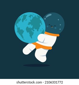 Cute astronaut with Earth planet vector cartoon character.