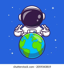 Cute Astronaut mit der Erde im Weltraum Cartoon Vektorsymbol Illustration. Technology Science Icon Konzept isolierter Premium-Vektorgrafik. Flachbildkartonstil