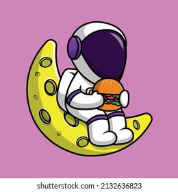 Cute Astronaut Eat Burger On Moon Cartoon Vector Icon Illustration. People Food Icon Concept Isolated Premium Vector. Flat Cartoon Style