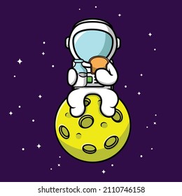 Cute Astronaut Eating Bread And Holding Milk Bottle On The Moon Cartoon Vector Icon Illustration. Science Food Icon Concept Isolated Premium Vector. Flat Cartoon Style