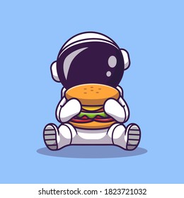 Cute Astronaut Eating Burger Cartoon Vector Icon Illustration. Space Food Icon Concept Isolated Premium Vector. Flat Cartoon Style