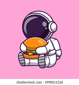 Cute Astronaut Eating Burger Cartoon Vector Icon Illustration. Science Food Icon Concept Isolated Premium Vector. Flat Cartoon Style