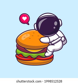 Cute Astronaut Eating Burger Cartoon Vector Icon Illustration. Science Food Icon Concept Isolated Premium Vector. Flat Cartoon Style