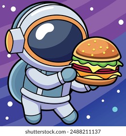 Cute Astronaut Eating Burger Cartoon Vector Kawaii Icon Illustration. Science Food Icon Concept Isolated Premium Vector. Flat Cartoon Style
