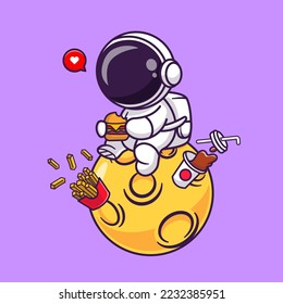 Cute Astronaut Eating Burger With French Fries And Soda On Moon In Space Cartoon Vector Icon Illustration. Science Food Icon Concept Isolated Premium Vector. Flat Cartoon Style