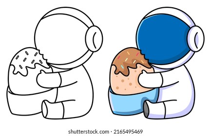 Cute Astronaut Eating Cake Coloring Page For Kids