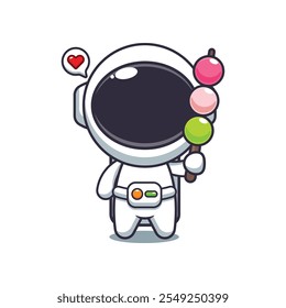 Cute astronaut eating dango cartoon vector illustration. vector cartoon illustration suitable for poster, brochure, web, mascot, sticker, logo and icon.