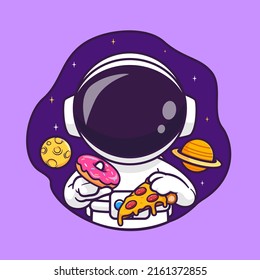 Astronauta Aburrido Comer Donut Y Pizza En Ilustración Del Vector De Caricaturas Espaciales. Vector Premium Aislado De Concepto De Icono De Comida De Ciencia. Estilo de dibujo plano