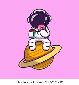 Cute Astronaut Eating Doughnut And Holding Coffee Cup On The Moon Cartoon Vector Icon Illustration. Science Food Icon Concept Isolated Premium Vector. Flat Cartoon Style