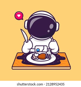 Cute Astronaut Eating Fried Chicken On Space Cartoon Vector Icon Illustration. Science Food Icon Concept Isolated Premium Vector. Flat Cartoon Style