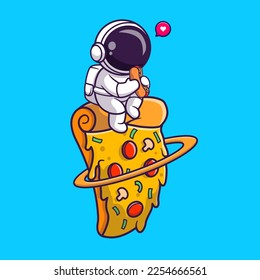 Cute Astronaut Eating Hotdog On Pizza Planet Cartoon Vector Icon Illustration. Science Food Icon Concept Isolated Premium Vector. Flat Cartoon Style