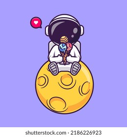 Cute Astronaut Eating Ice Cream Planet On Moon Cartoon Vector Icon Illustration. Science Food Icon Concept Isolated Premium Vector. Flat Cartoon Style