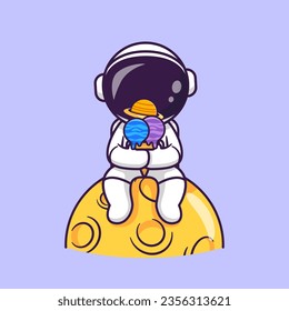 Cute Astronaut Eis Cream Cone Planet auf dem Mond Cartoon Vektorsymbol Illustration. Science Food Icon Konzept isolierter Premium-Vektorgrafik. Flachbildkartonstil