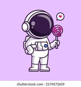 Cute Astronaut Eating Lollipop Candy Cartoon Vector Icon Illustration. Science Food Icon Concept Isolated Premium Vector. Flat Cartoon Style