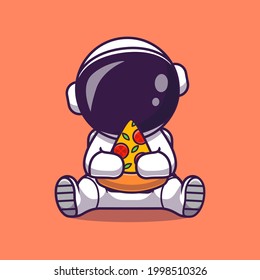 Cute Astronaut Eating Pizza Cartoon Vector Icon Illustration. Science Food Icon Concept Isolated Premium Vector. Flat Cartoon Style