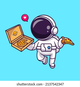 Cute Astronaut Eating Pizza Cartoon Vector Icon Illustration. Science Food Icon Concept Isolated Premium Vector. Flat Cartoon Style