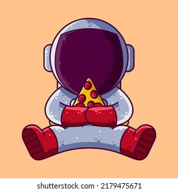 Cute Astronaut Eating Pizza Cartoon Vector Illustration. Cartoon Style Icon or Mascot Character Vector.