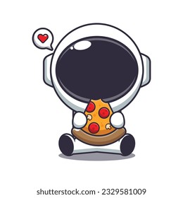 cute astronaut eating pizza cartoon vector illustration.