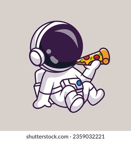 Cute Astronaut Eating Pizza Cartoon Vector Icon Illustration. Science Food Icon Concept Isolated Premium Vector. Flat Cartoon Style