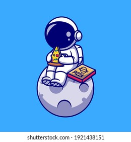 Cute Astronaut Eating Pizza On The Moon Cartoon Vector Icon Illustration. Science Food Icon Concept Isolated Premium Vector. Flat Cartoon Style