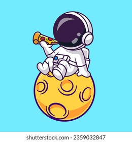 Cute Astronaut Eating Pizza On Moon Cartoon Vector Icon Illustration. Science Food Icon Concept Isolated Premium Vector. Flat Cartoon Style