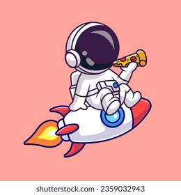 Cute Astronaut Eating Pizza On Rocket Cartoon Vector Icon Illustration. Science Food Icon Concept Isolated Premium Vector. Flat Cartoon Style