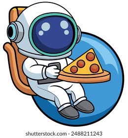 Cute Astronaut Eating Pizza On The Planet Cartoon Vector Kawaii Icon. Science Food Illustration