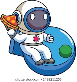 Cute Astronaut Eating Pizza On The Planet Cartoon Vector Kawaii Icon. Science Food Illustration