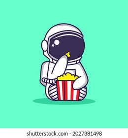 Cute astronaut eating popcorn cartoon vector icon illustration. science food icon Vector.