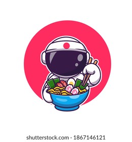 Cute Astronaut Eating Ramen Cartoon Vector Icon Illustration. Science Food Icon Concept Isolated Premium Vector. Flat Cartoon Style